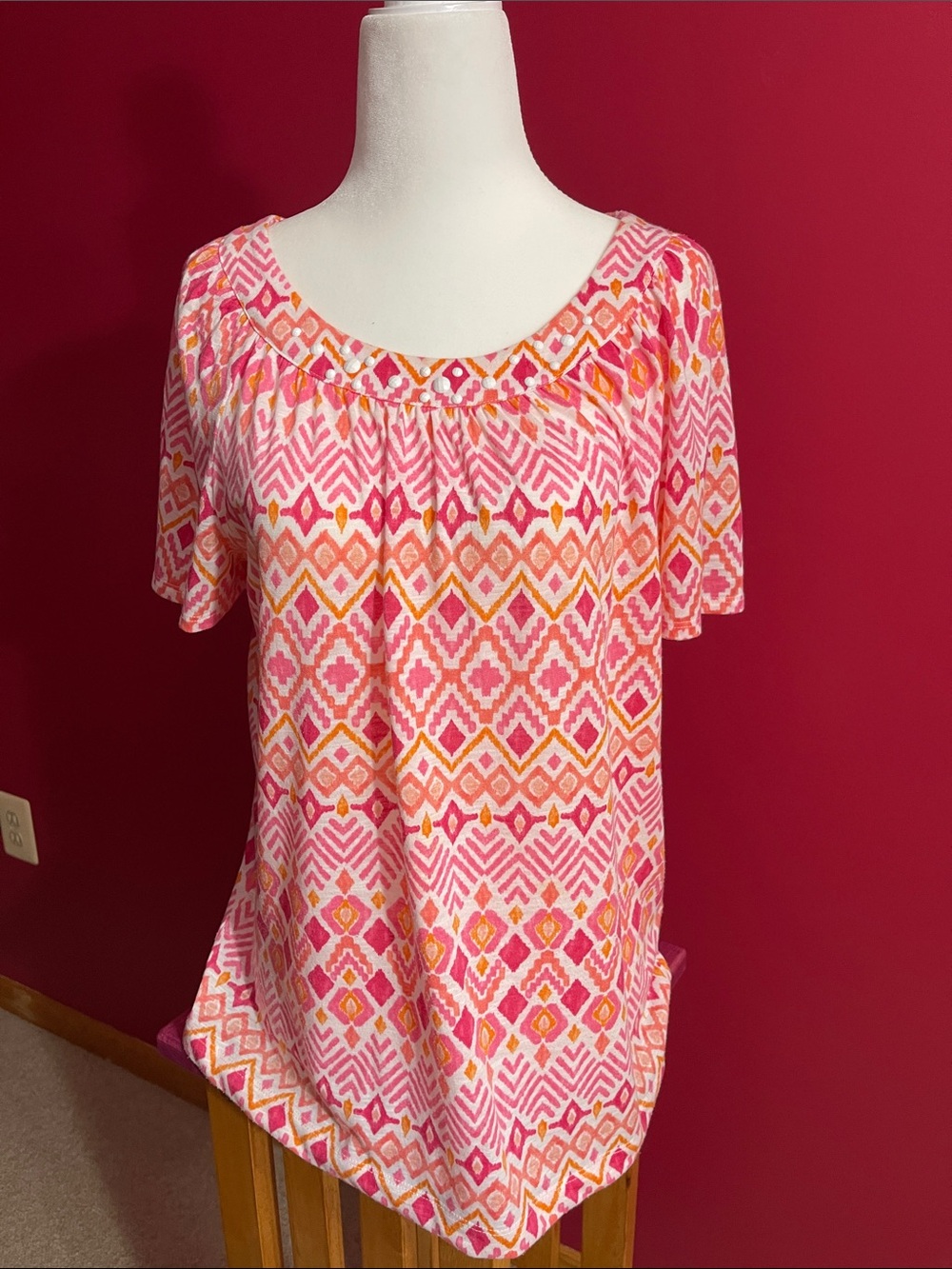 Alfred Dunner Medium Pink Geometric Short Sleeve Women's Top
